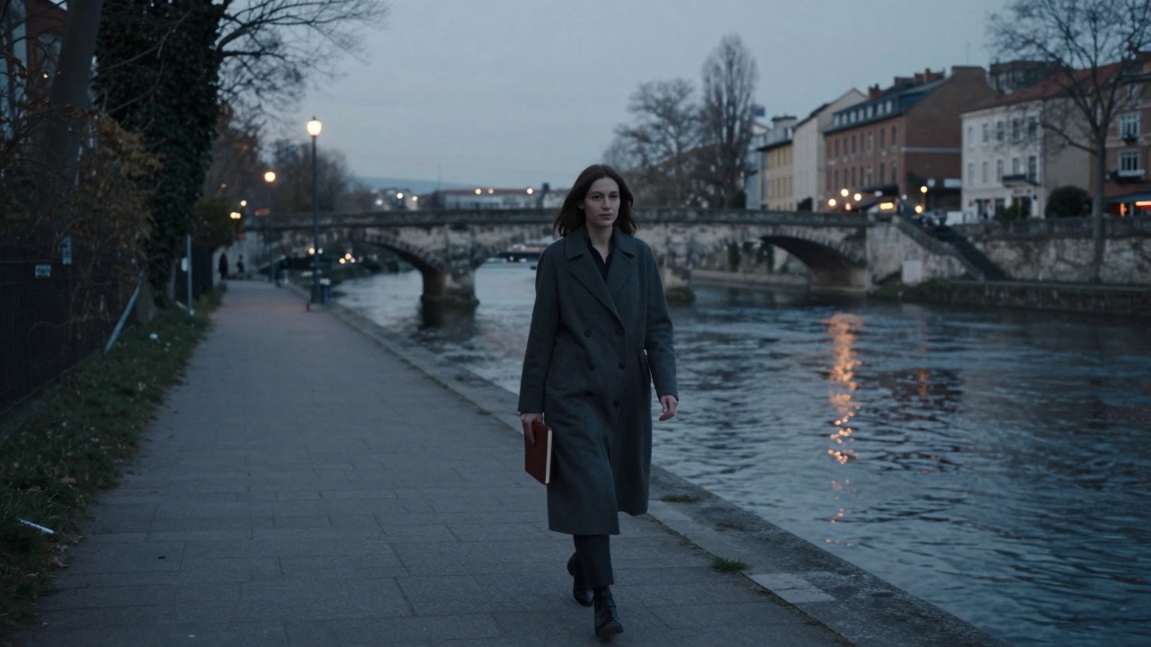 A woman walking alone along the Lez River at dusk, her reflection visible in the water.